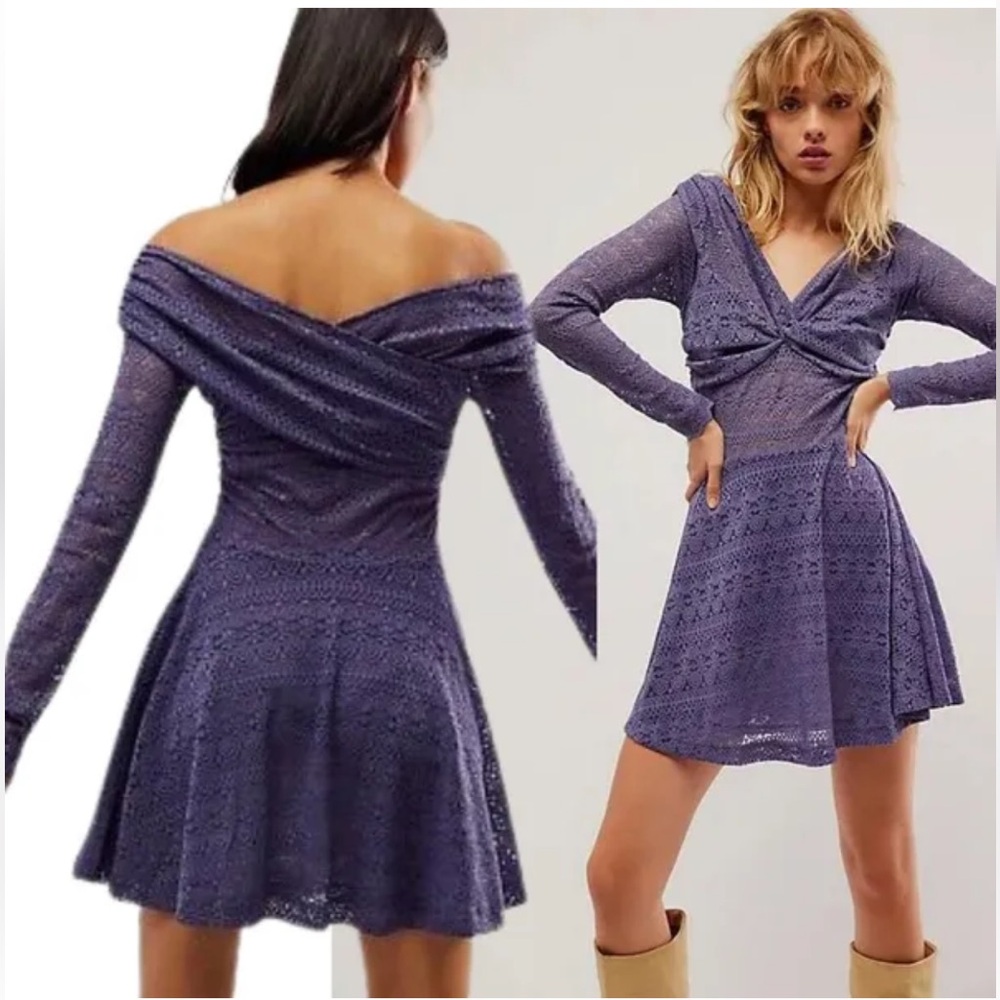 Free People NWT Lila Boho Purple Embroidered Stretch Lace Off Shoulder Large